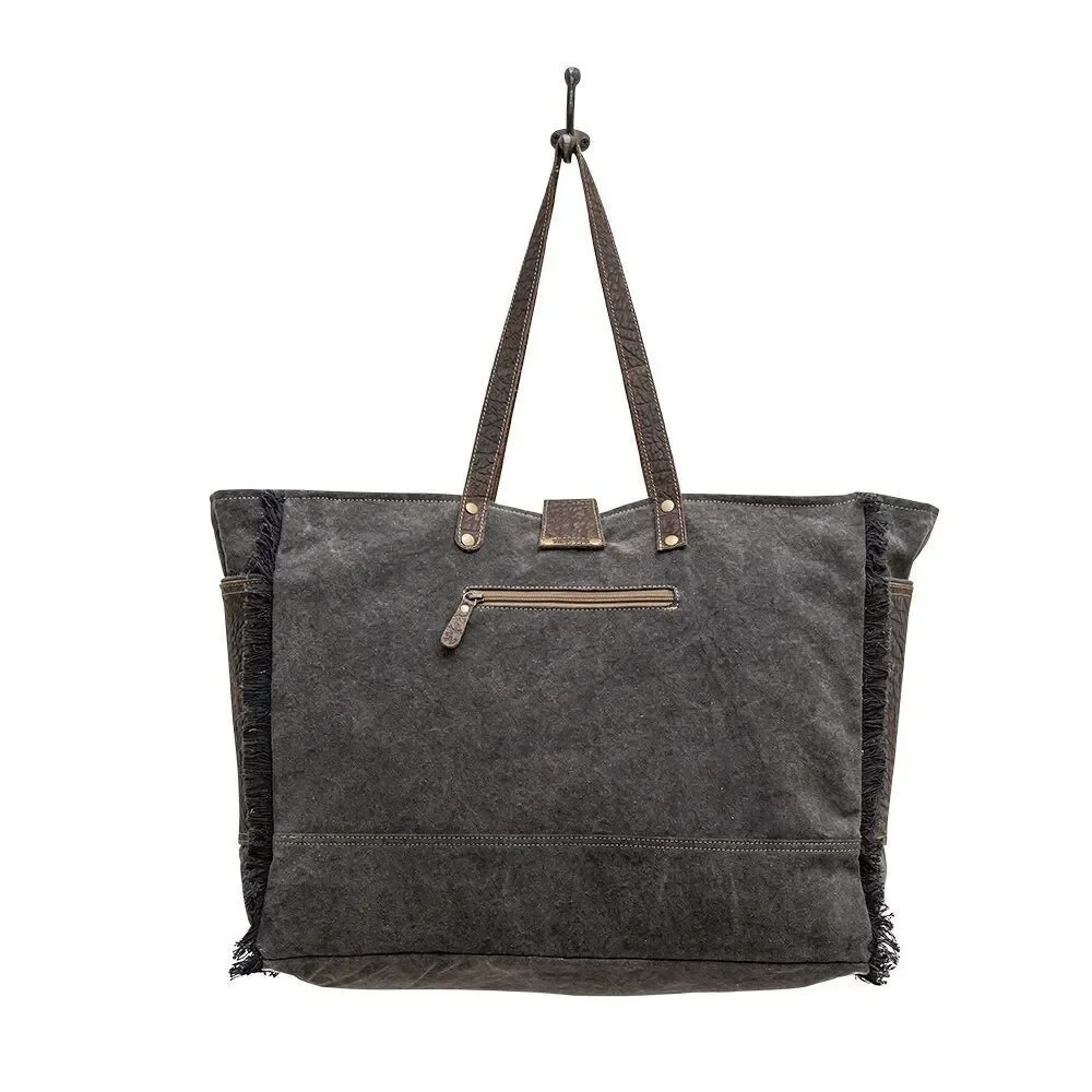 Myra Bag Handmade Flatey Weekender Bag Upcycled Canvas & Cowhide Leather